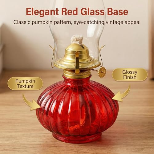 13-Inch Large Glass Kerosene Oil Lamp - Rustic Hurricane Lantern (Red)