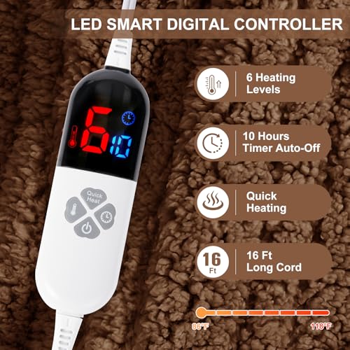 Full Size Electric Heated Blanket - Soft Sherpa, 6 Heat Levels, 10H Timer