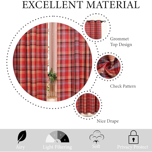 Red Check Plaid Farmhouse Curtains 2 Panels 52x84 Inches Scottish Tartan Light Filtering Drapes