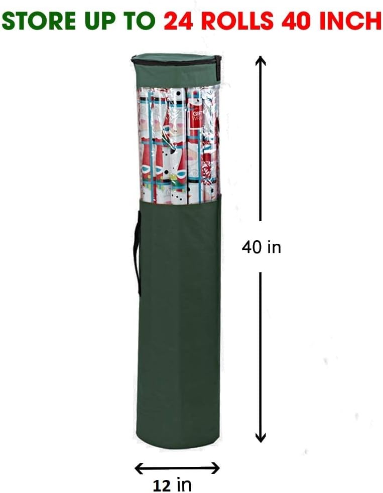 ProPik Gift Wrapping Paper Storage Organizer Bag - Heavy Duty 40 Inch, Holds 24 Rolls, Clear PVC with Zippered Top & Handles | Green
