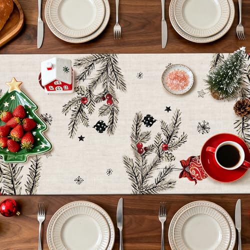 OTOSTAR Christmas Table Runner 13x120 Inch Snowman Pine Red Holiday Farmhouse Decor