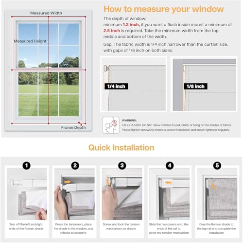 No Drill Cordless Roman Shades, 34" W x 64" H, Beige - Light Blocking & Heat Insulating