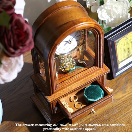 Vintage Wooden Mantel Clock with Revolving Pendulum and Storage Drawer