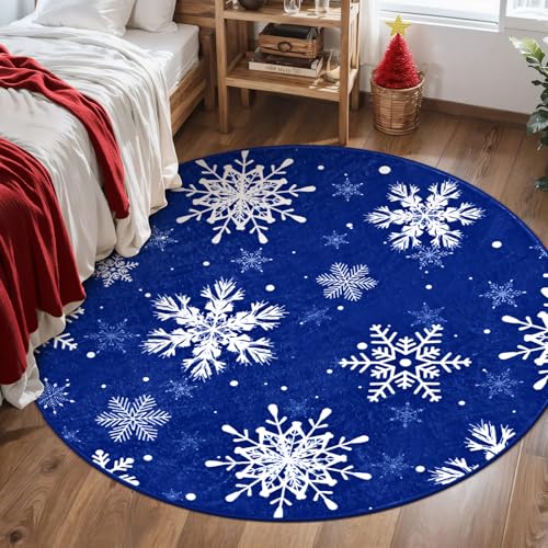 Blue 4ft Christmas Snowflake Round Rug - Washable Non-Slip Holiday Decor