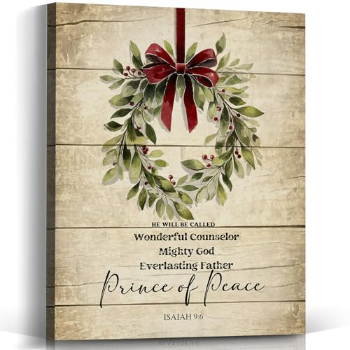 Voxitura Oak Wreath Vintage Christmas Wall Art Canvas 12x15in with Isaiah 9:6 Bible Verse