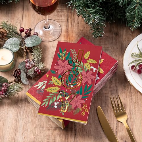 Wrapaholic 50-Pack Joy and Flower Christmas Disposable Napkins 3-Ply, 4.3 x 7.9 Inches