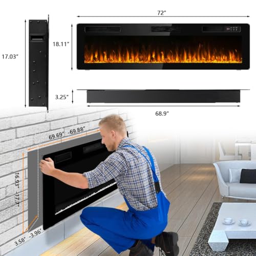 72-Inch Ultra-Thin Linear Electric Fireplace Recessed Wall Mounted Heater