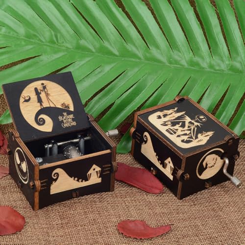 Vintage Wooden Hand Crank Music Box, Laser Engraved Spooky Melody Gift