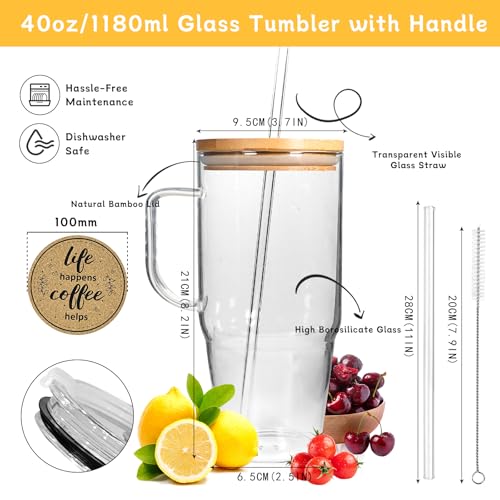 40 Oz Glass Tumbler with Handle, Bamboo Lid and Glass Straw