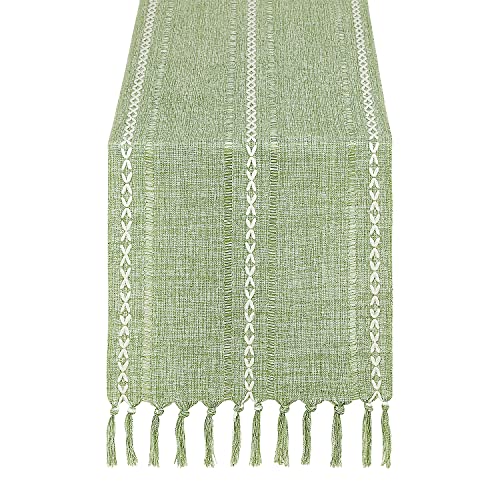 Chassic Hemstitched Sage Green 13"W x 48"L Linen Table Runner - Rustic Farmhouse, Tassel Embroidered