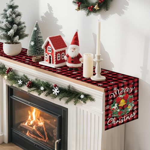 Artscope Buffalo Plaid Red Wreath Christmas Table Runner 13x48 Inch Holiday Decor