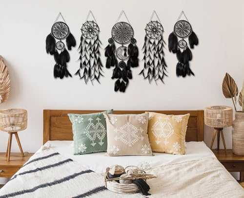 5-Pack Black Macrame Dream Catcher Set, Boho Wall Hanging Decor