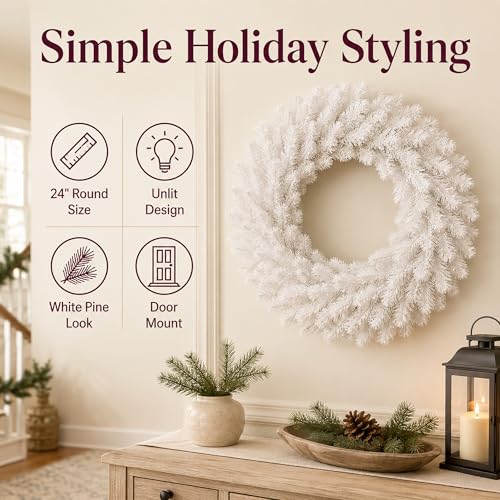 24-Inch White Artificial Christmas Wreath for Front Door and Home Decor