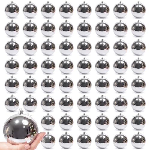 Hollowfly 4 Inch Silver Christmas Ornaments Set of 60 Waterproof Shatterproof Holiday Decorations