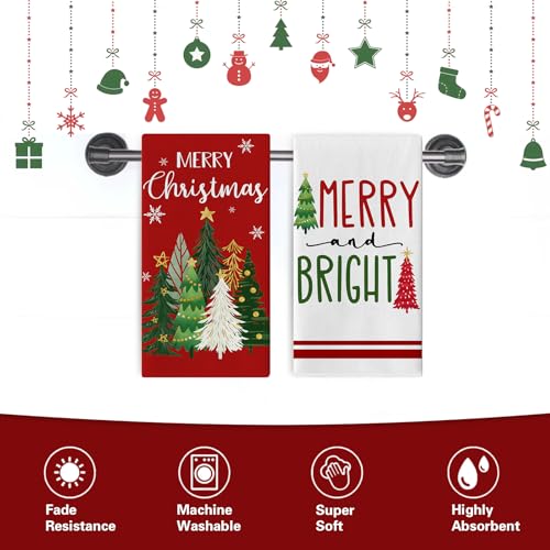 Croar Merry Christmas Tree Red Kitchen Dish Towels Set of 2 – Christmas Tree Variation