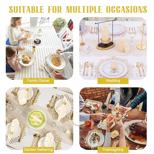 Set of 4 Round Gold Metallic Placemats, Heat-Resistant Floral Table Mats