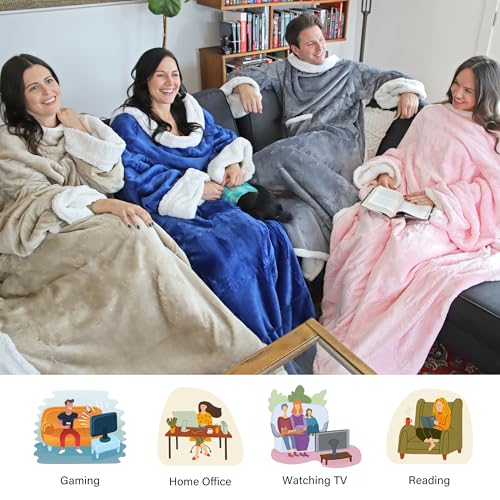 Sherpa Wearable Blanket with Sleeves and Pocket for Adults