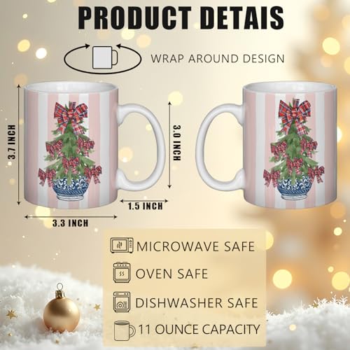 JINYO Christmas Coffee Mug - Pink Striped Chinoiserie Holiday Ceramic Cup, 11 oz - Christmas Coffee Mug-e
