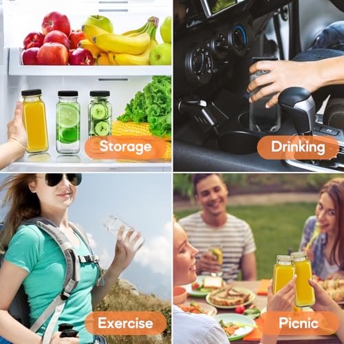 8oz Square Glass Juice Bottles with Leak-Proof Lids, 6-Pack Set