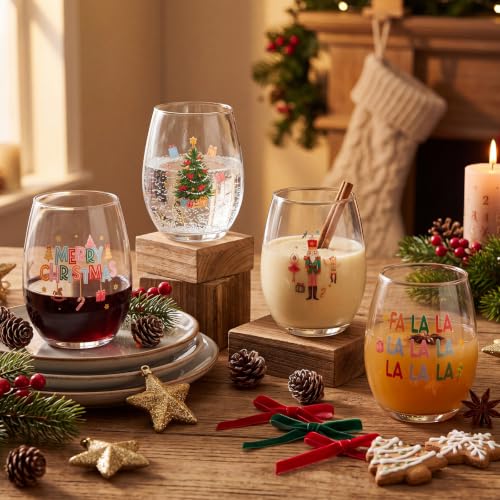 Potchen 4-Pack Pink Nutcracker Stemless Wine Glasses 18oz Christmas Decor