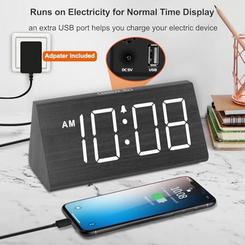 Wooden Digital Alarm Clock with USB Charger - Loud Desk Clock for Bedrooms