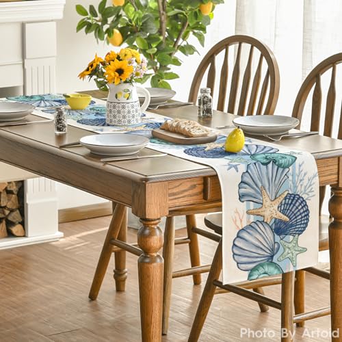 Coastal Sea Shell and Starfish Table Runner, 13x72 Inch Ocean Dining Decor