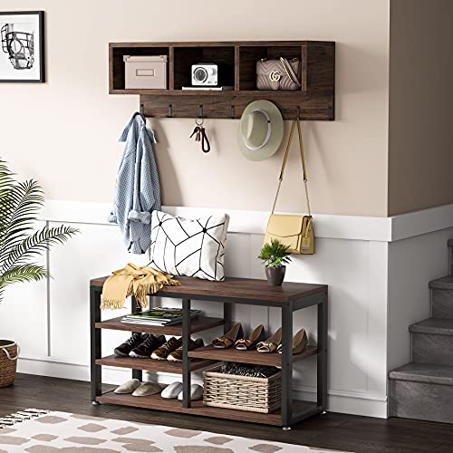 Tribesigns Rustic Brown 5-in-1 Industrial Shoe Rack Bench with Coat Hooks and Cubby Storage