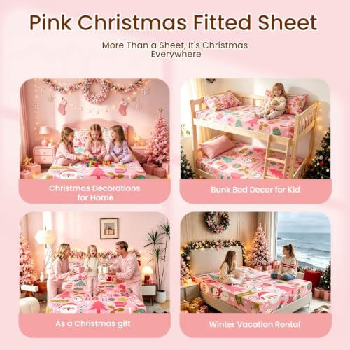 Erosebridal Full Christmas Fitted Sheet Set with 2 Pillowcases – Cartoon Santa Snowman Pine Tree Bedding