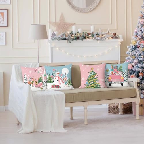 Bonhause Blue Pink Christmas Throw Pillow Covers 18 x 18 Inch Reindeer Snowman Xmas Trees Santa Snow Decorative Pillow Cases for Couch Bed Home Winter Holiday Decor Set of 4