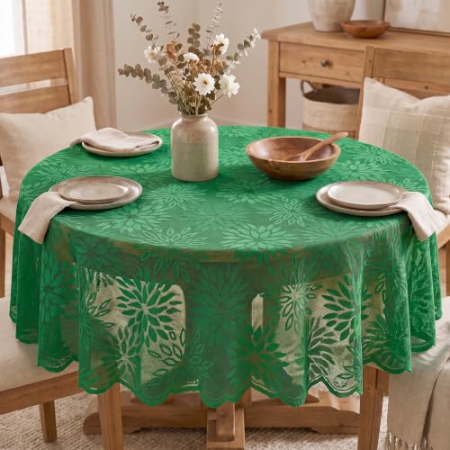 Horaldaily Christmas Green Lace Dahlia Tablecloth 60x60 Round - 60" Round, Dark Green