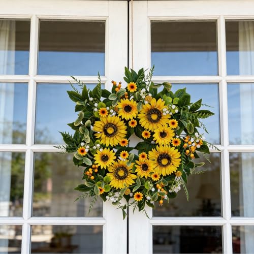 Sunflower Wreath for Front Door 24 Inch Spring Summer Outdoor Decor Handmade