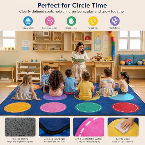 5x7 Ft Kids Classroom Seating Rug - Colorful Circle Non-Slip Play Mat