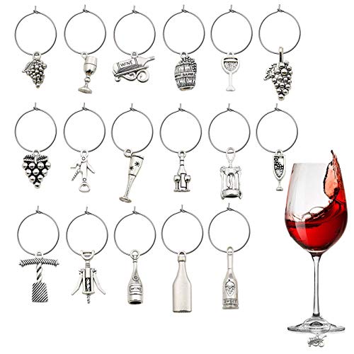 WOCRAFT Wine Charms Set for Wine Tasting Party - 25mm Stainless Steel Rings, 50 Sets, Antique Silver, Includes 17 Styles