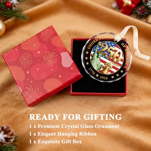 USA 250th Anniversary Crystal Glass Ornament, Patriotic Keepsake with Gift Box