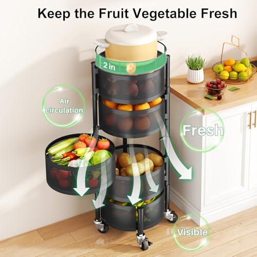 5-Tier Rotating Kitchen Storage Cart, Rolling Metal Wire Fruit Basket Stand