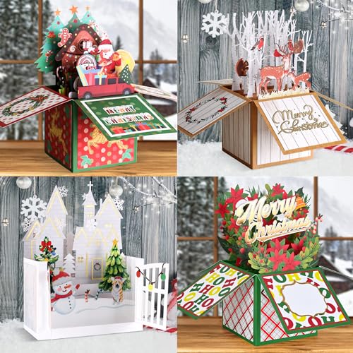 Giiffu 4-Pack Pop Up Christmas Cards with Envelopes & Gift Card Holder