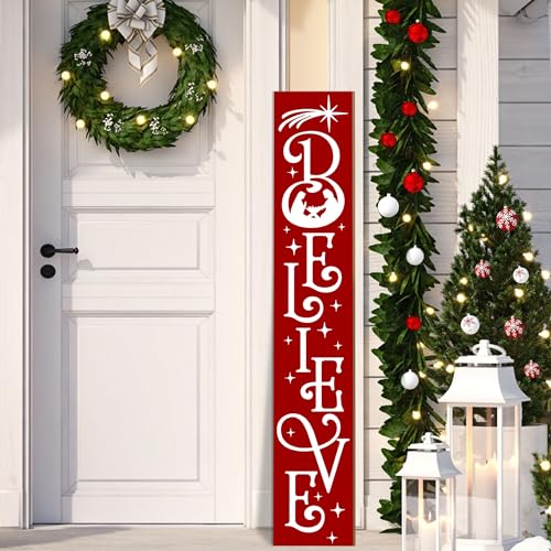 JYKCUL Believe Nativity Porch Sign - 47.2" Vertical Christmas Welcome - Red