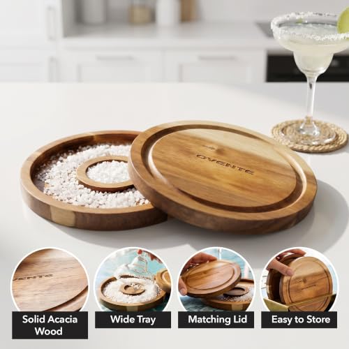 Ovente Margarita Salt and Sugar Rimmer with Lid - Rustic Wooden Bar Tool