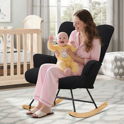 Zedachica Black Teddy Upholstered Nursery Rocking Chair Glider Armchair