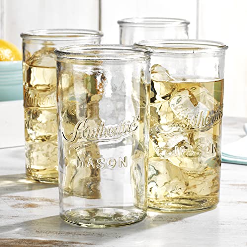 Authentic Glaver's Vintage Mason Drinking Glasses Set of 4 – Clear 18oz Tumblers for Cocktails & More