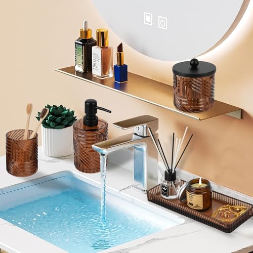 4-Piece Amber Glass Bathroom Accessory Set with Vanity Tray and Soap Dispenser