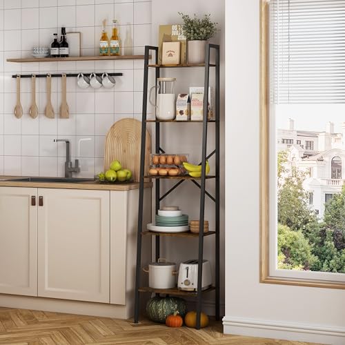 5-Tier Industrial Ladder Bookshelf, Rustic Wood and Metal Storage Shelf