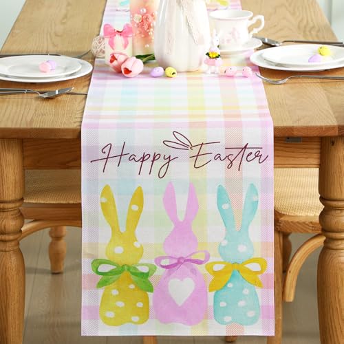 Frienda 72 Inch Plaid Bunny Easter Table Runner Pastel Checkered Gingham Farmhouse Decor