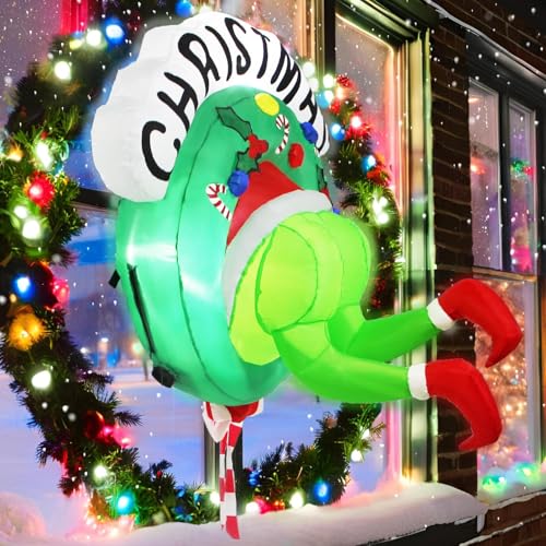 3.5ft Inflatable Christmas Wreath with Green Giant Monster, LED Lighted Outdoor Decor