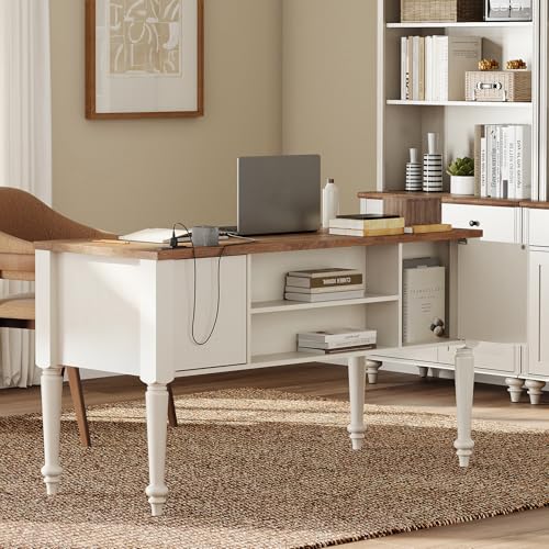 Farmhouse Executive Desk and Tall Bookcase Set with Charging Station