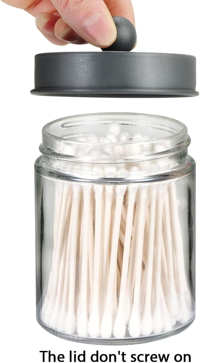 Amolliar Apothecary Jars - Stylish Bathroom Storage Organizer | Glass Canister Set with Lid for Q-Tips, Cotton Swabs & Makeup Accessories - Grey (2 Pack)