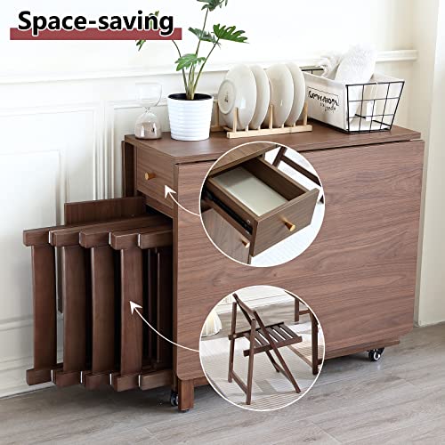 Drop Leaf Folding Dining Table with Storage and Wheels, Walnut