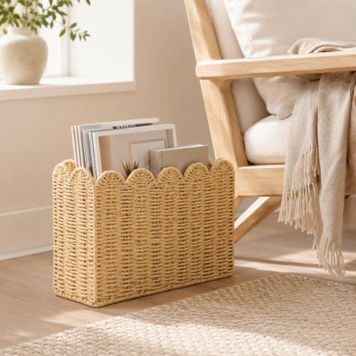 Tall Narrow Magazine Holder, Handwoven Scalloped Paper Rope Basket
