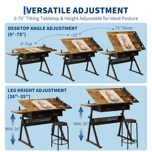 Height Adjustable Drafting Table with Stool, Tilting Art Desk with Drawers