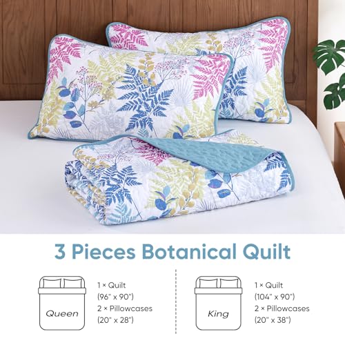 Blue Botanical Leaf Quilt Set King Size, 3-Piece Lightweight Microfiber Coverlet